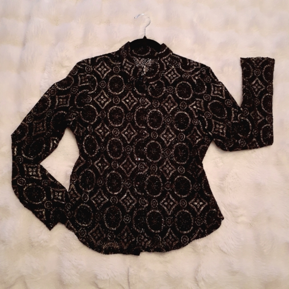 Vintage Lace & Metallic Patterned Buttoned Blouse